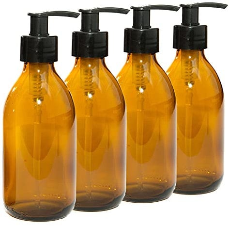 Aura 250ml Amber Glass Bottles with Black Pumps - Pack of 4