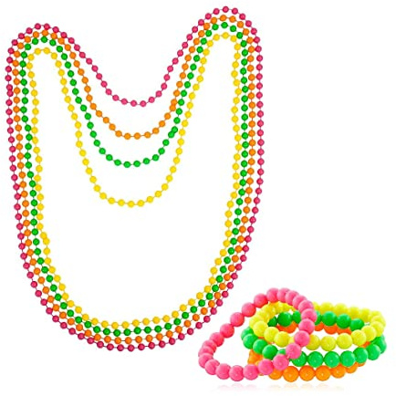 Neon Perlen Halskette & Armband 80er 90er Jahre Kostüm Schmuck Zubehör Bright Rave Verkleidung