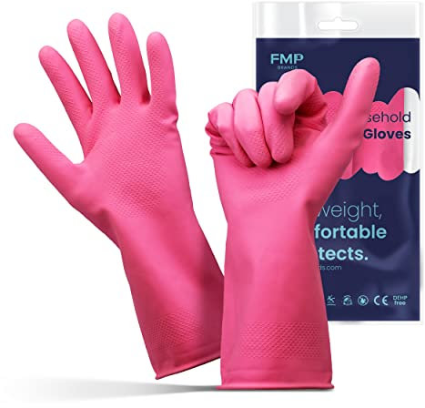 FMP Brands [3 Pairs] Dishwashing Gloves - 12 Inches Extra Large Rubber Gloves, Pink Kitchen Gloves, Long Dish Glove for Household Cleaning Strong Utility Work Painting, Gardening