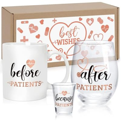 Levfla Drinking Set for Medical Workers - 11 oz Coffee Mug, 18 oz Stemless Wine Glass, 2 oz Shot Glass (Rose Gold)