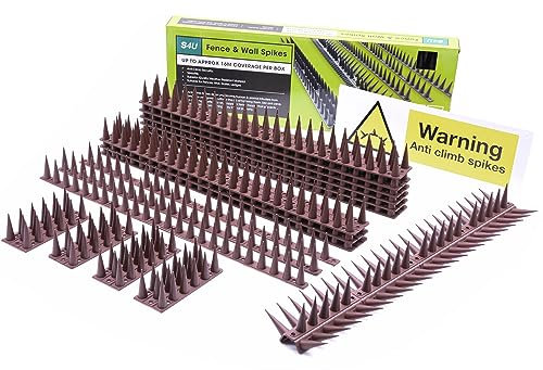 S4U Fence Wall Spikes Garden Tall Bird Spikes Cat Pigeon Deterrent Coverage of Approx.16M Per Box Anti Climb 44 x 4.3 x 3.8cm Warning Sign Included & Screws (Brown 24pcs)