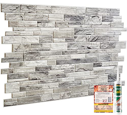 NOVECRAFTO Stone Effect 3D Wall Panels - 37.7 x18.89 in (96x48cm) 10 Sheets Covering 49.6 sqft (4.61sqm) - Waterproof Decorative PVC Wall Cladding for Home, Office - Natural Grey Stone Slate Effect