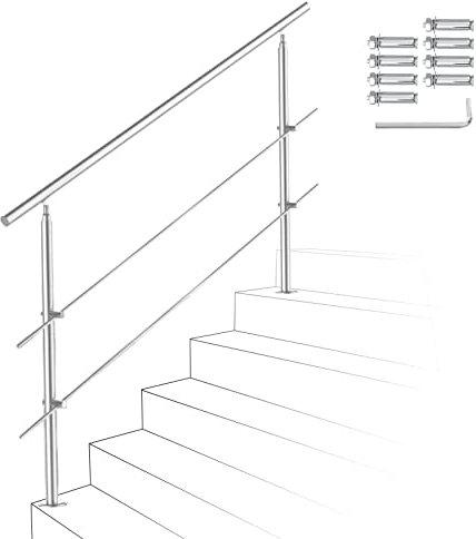 Izrielar 180cm Treppengeländer Edelstahl mit 2 Querstreben, Handlauf Winkelverstellbar, Geländer für Außen & Innen, ZA-8590-M-1z