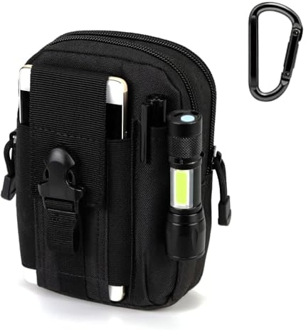 Piscorush Tactical Waist Pouch MOLLE EDC Outdoor Man Waist Bag with Phone Belt Clip Holder Holster Carrying Pouch for Smartphone (With Easy Carabiner, Black)