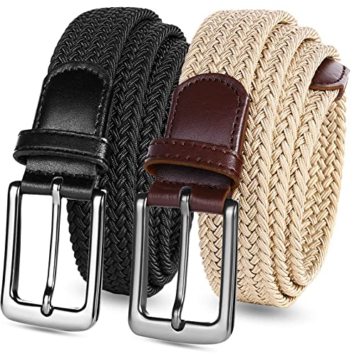 LOVMEAD Elastischer Gürtel Stretchgürtel Geflochten Herren Damen Wert 1 2 Stück, Golf Stoffgürtel Flechtgürtel Dehnbarer (2 Stück-Schwarz+Beige, 115cm/38’’-42’’ für Taillengröße)