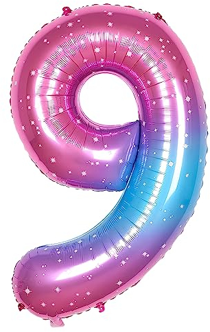 Ponmoo Foil Palloncini Numeri 9 Rosa-Blu Gradiente 40 (101cm), Gonfiabili Elio o Aria, Gigant Numero 0-9, 10-29, 30-100, Granda Palloncino per Anniversario, Decorazione Feste di Compleanno