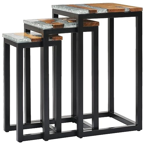 ZEYUAN Satztische 3 STK Beistelltisch, Kleiner Tisch, Coffee Table, Sofatisch, Couchtisch, Wohnzimmer Tisch Für Couch, Massivholz Teak und Polyresin