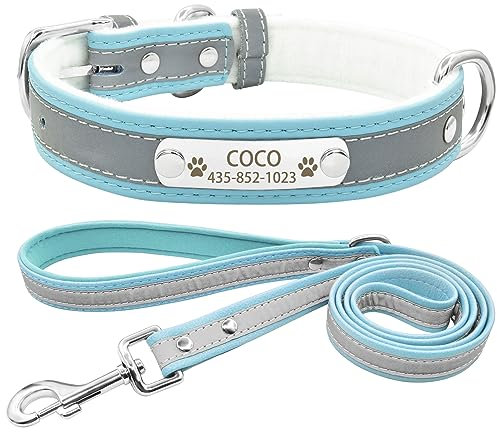 Senristar Personalisierte Reflektierende Hundehalsband und Leine Set,Benutzerdefinierte Eingraviert Warmes Futter Hundehalsband mit Namensschild für Kleine,Mittlere,Große Hunde & Katzen