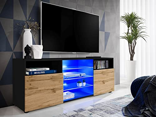 Komodee, TV-Schrank Urbino, Schwarz/Wotan, Breite 140 cm x Höhe 53 cm x Tiefe 35 cm, LED RGB, 3 Glasböden, 2 Fächern mit Türen, 2 offenen Fächern für Wohnzimmer, Schlafzimmer