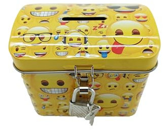 TBQ Hucha de metal, diseño emoticonos, con llave y candado. Hucha metalica para guardar dinero con seguridad, reutilizable