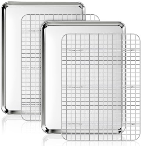 Fire More Baking Tray with Wire Rack, 2 Sets Non-Stick Baking Sheets with Grid Cooling Racks, Stainless Steel Cookie Pans for Oven Cooking, Size 40.5 x 30.5 x 2.5 CM
