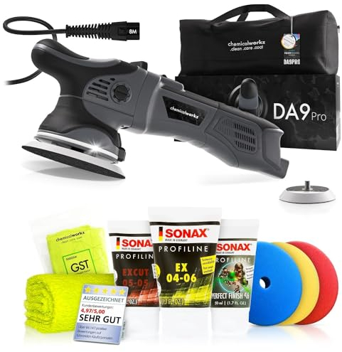 Poliermaschinen Set: chemicalworkz DA9 Pro Exzenter Poliermaschine + Sonax Politurset + Royal Pads Premium Polierpads - Auto Politur, Lack polieren, Kratzer entfernen, Aufbereitung | 8-tlg.