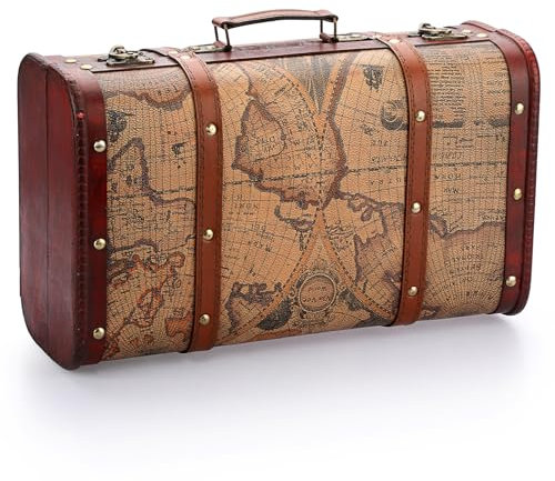 IGNPION Wooden Pirate Treasure Chest Box with Map Motifs, Vintage Style Gift Box, Home Decorative Shelf Chest Jewelry Trinket Storage Box, Wood Keepsake Box (XXL)