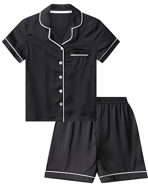 Kurzer Schlafanzug für Mädchen, Satin, Sommer-Seiden-Pyjama für Kinder, Schwarz , 10-11 Years