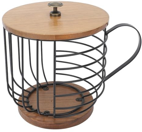 Kaffeepadkörbe, Kaffeepads Aufbewahrungskorb, Kaffeepadhalter, Holzsockel Großes Fassungsvermögen Draht Kup Behälter mit Deckel Vorratsregale Schwarzer Drahtkorb Kaffeekapsel Aufbewahrung Organizer