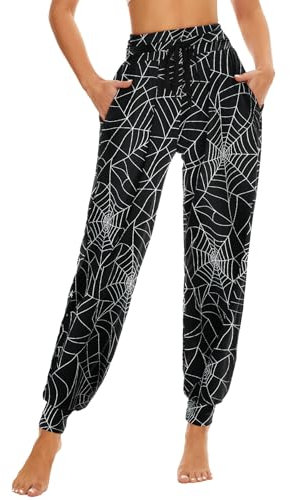 HAPYWER Halloween Haremshose Damen für Lounguewear Festlich Yoga Workout Hose Leichte Pyjamahose Weiche Locker Bequem Hose mit großen Taschen S-XXL(Spinnennetz-Schwarz,L)