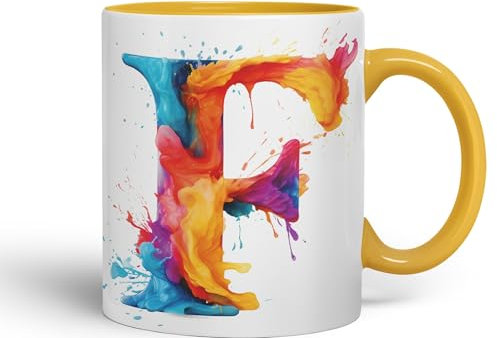 Vixar Letter F Mug, Alphabet Letter F Monogram Watercolour Ceramic Coloured Mug Cup for Tea Coffee Hot Brew 330ml 11Oz Gift (G Yellow)