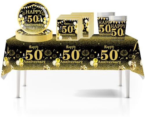 41Pcs Black Gold 50th Happy Birthday Party Tableware Decorations for Him Plastic Table Cloth,7inch Paper Plates,Napkins, Cups for Men Birthday Table Party Tableware Set for Him Adults Birthday Party