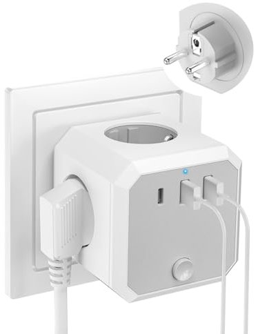 Cubo Enchufe 7 en 1, 4000W Ladron Enchufes Múltiples Pared Con 4 Tomas de CA, 2 USB, 1 Tipo C e Interruptor Para Oficina, Cocina, Habitación y Viajar