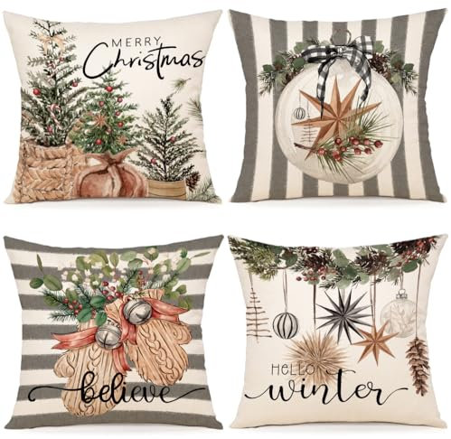 ZWJD Kissenbezug Weihnachten 50x50 4er Set Leinen Kissenbezüge Weihnachtskissen Christmas Dekokissen Kissenhüllen für Deko Weihnachten Sofa Schlafzimmer Couch Kissenbezug 50x50 cm A294