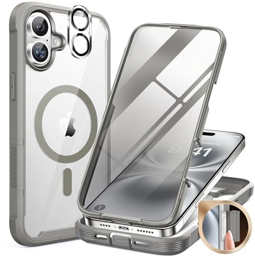 miracase Magnetic Case for iPhone 16 Case 6.1-Inch, Full Body Bumper Clear Back Cover Compatible with MagSafe and Built-in 9H Tempered Glass Screen Protector + Camera Lens Protector (Grey Titanium)