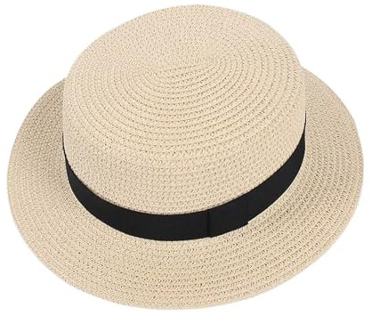 Sombrero de Paja Transpirable con Cinta for Mujer, Sombrero de Playa de ala Grande, Sombrero de Playa Estilo canotier de Verano con Cinta, Sombrero de Copa Plana Redondo Sombreros de Fengyan(Marrón)
