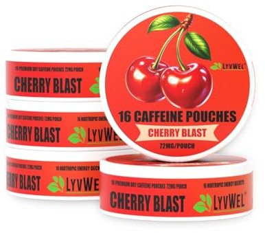 LyvWel Confezione da 5 sacchetti per salse alla caffeina: 16 per lattina, 72 mg di caffeina, senza nicotina, senza tabacco (5 pezzi, Cherry Blast)