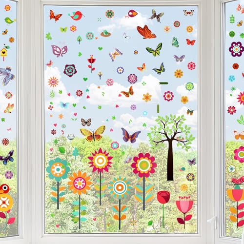 Deepton Fensterbilder Frühling Selbstklebend, 9 Blätter Fensteraufkleber Schmetterlinge Blumen Fenstersticker Frühling Deko Kinder Fensterdeko Sticker für Kinderzimmer