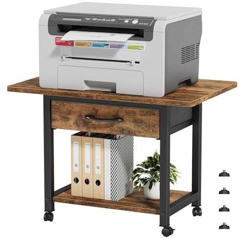 Druckertisch mit Rollen, 56x38cm Mobiler Druckerständer Schreibtisch mit Stoffschublade, Home Office Druckerhalter Büro Druckerwagen Drucker Regal, Printer Stand, Industrie Holz