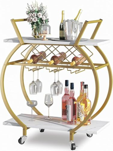 Huhote Servierwagen, Küchenwagen, Barwagen mit Weinregal, Servierwagen mit Rollen, Weinwagen mit 2 Ebenen, Getränkewagen für Wohnzimmer, Küche, Esszimmer, Bar, Party, 64 x 35 x 84 cm, Weiß