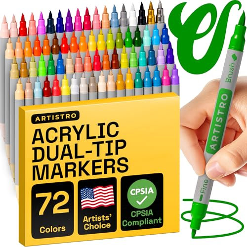 Artistro Acrylic Paint Pens, Art Set, Acrylic Paint Markers with Double Tip, Acrylic Marker for Fabric, Canvas, Stone, Glass, Wood, Paper, DIY (Double Tip + Fine, 72)