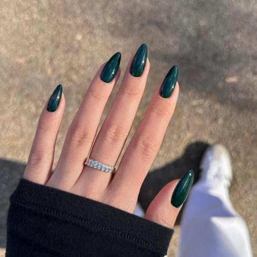 SXVME 48 Pcs Dark Green Press on Nails Almond Medium Acrylic False Nails Medium Stiletto Natural Fake Nail Set Elegant Solid Color Full Cover Glossy Gel Stick on Nails for Women Daily Wear