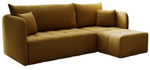KP-Meble - Ecksofa mit Schlaffunktion Santo, Schlafsofa mit Bettkasten Couch, Wohnlandschaft, Bequemer Sitz - Velourstoff mit dekorativer Steppung - Rechts - Monolith 48 (Senf)