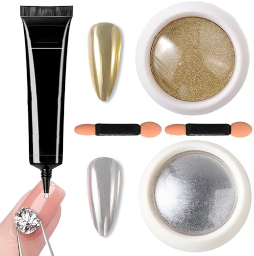 Nail Design Set, 15g 3D Gel Nail Art Und 2 Flasche Chrome Nail Powder MIT 2 Schwammstab, Gold & Silber Pigment Für Nägel, Glitzerpuder Chrome Nagelpulver, Nagel Pulver DIY Nageldesign