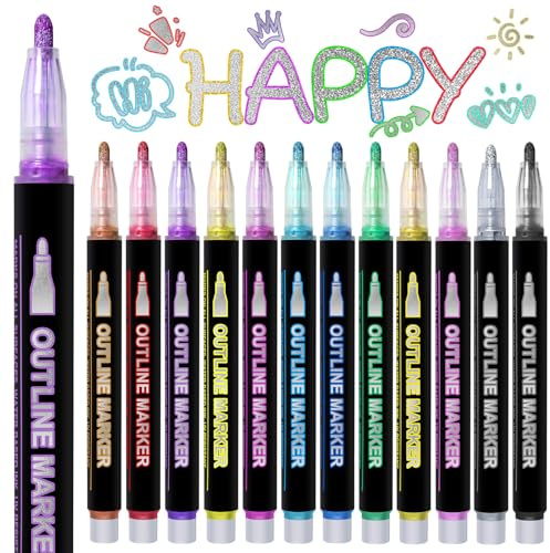 Hoenart 12 Glitzer Konturstifte Set | Wasserlösliche Dual-Tip Stifte mit Goldglitter | Für Kinder & Erwachsene (DIY, Bullet Journal, Basteln)