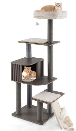 COSTWAY Kratzbaum groß, 171 cm, Katzenbaum mit Plattformen, Katzenhöhle, Sisal-Kratzbrett, Ball & abnehmbaren Matten, Katzenkratzbaum Katze, Katzenturm Kletterbaum, Grau