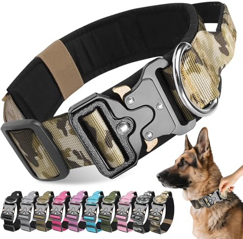 Viugex Collier de Chien Tactique, Militaire Collier Réglable Chien Rembourré, Collier pour Chien Durable avec Boucle en Métal, Idéal pour Petits, Moyens et Grands Chiens (Camouflage Kaki, L)