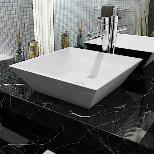 Mokuyard Lavabo quadrato in ceramica 41,5 x 41,5 x 12 cm bianco sopra piano lavabo per sanitari bagno o WC, moderno pila comune