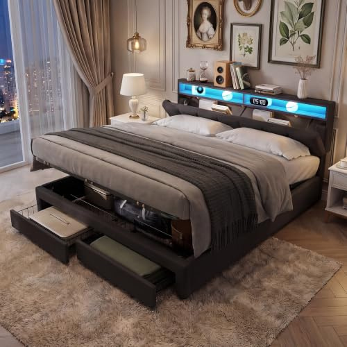 BLSYHDH Säng med hydraulisk förvaring, 180 x 200 x 200, täckt dubbelsäng med LED, quiltade sängar med 2 lådor, funktionell ungdomssäng, dubbelsängar (grå+linne)