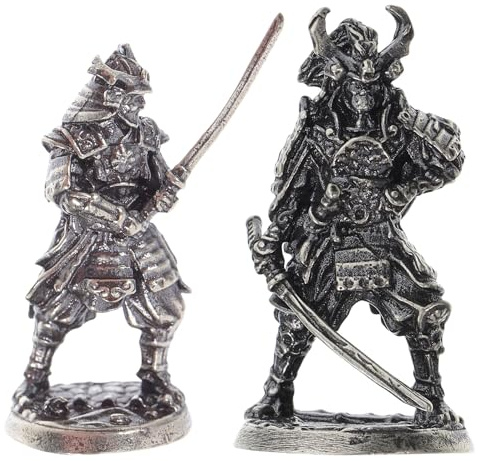 Veemoon Japanische Samurai Statue aus Kupfer, 2 Stück für Büro und Garten | Miniatur, Antikes Kriegermotiv, Dekorativer Akzent, Geeignet für Schreibtisch, Bonsai und Feengarten