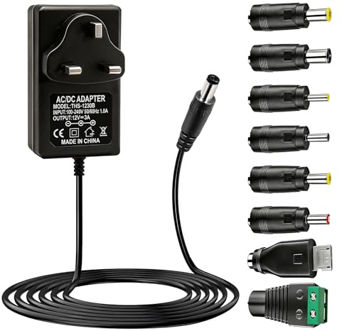 Universal 12V 3A Power Supply Cable, 36W Wall Mount Transformer Plug | AC to DC Charger with 8 Replacement Tip for CCTV Camera Router LED Strip TV Box Speaker, 100-240V 50/60Hz