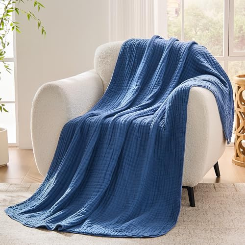 VANJOROY Musselin Tagesdecke 127x152cm-100% Baumwolle 6-Lagen Oeko-Tex Zertifizierte, Weiche Leichte Sommerdecke als Kuscheldecke, Bett-Überwurf, Baumwolldecke für Sofa und Bett. Blau