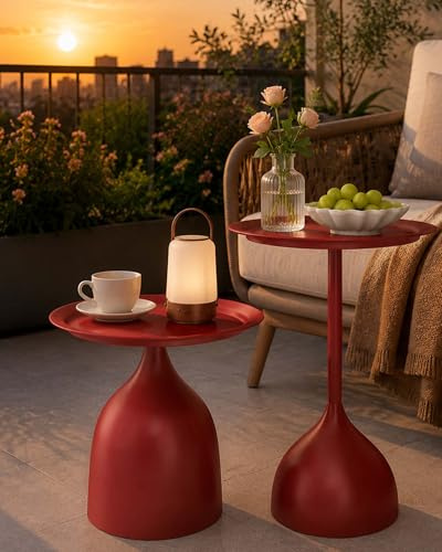 Amveya 2er Set Kleiner Beistelltisch Outdoor Wetterfest Couchtisch Rot | Beistelltisch Metall Kleiner Couchtisch Beistelltisch Rund für Balkon, Garten & Wohnzimmer, Moderner Sofa Tisch 40cm