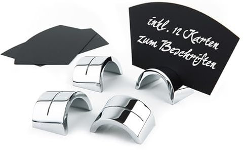 APS 22 Kartenhalter-Set, Tischkarten, Beschriftungskarten, 6 Kartenhalter (Metall verchromt) 4 x 2,5 cm, 12 Karten (Polypropylen, schwarz) 10 x 6 cm