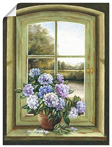 ARTLAND Wanddeko Poster & Kunstdrucke Wandposter Stillleben Arrangements Botanik Malerei Grün Hortensien am Fenster A7BK