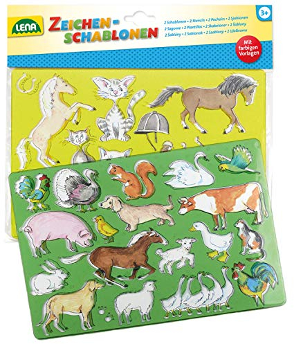 Lena 65767 - Zeichenschablonen 2er Set Pferde / Katzen und Bauernhoftiere, 2 Schablonen und Farbvorlagen mit Tiermotiven, Malschablonen je ca. 26 x 19 cm, Malset Tiere für Kinder ab 3 Jahre