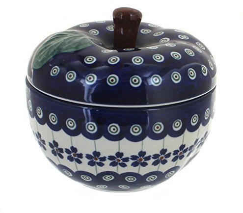 Blue Rose Polish Pottery Flowering Peacock Apple Baker