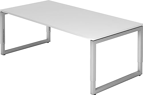 bümö höhenverstellbarer Schreibtisch R-Serie 200x100 cm in weiß, Gestell in Silber - großer PC Tisch für's Büro manuell höhenverstellbar, Computertisch verstellbar