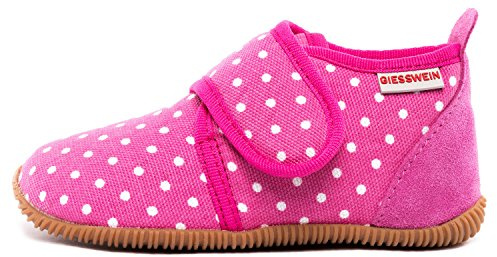 GIESSWEIN Hausschuh Stans - Slim Fit - Kinder Hausschuhe Unisex | Bequeme Baumwoll Slipper | Mädchen Pantoffeln mit Punkten | rutschfest,20 EU, Himbeer 364