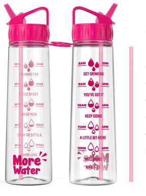 More Water Bottle With Straw, Motivational Time Markings 900ml - Drinking Tracker Bottle - Times to Drink - BPA Free Sports Bottle